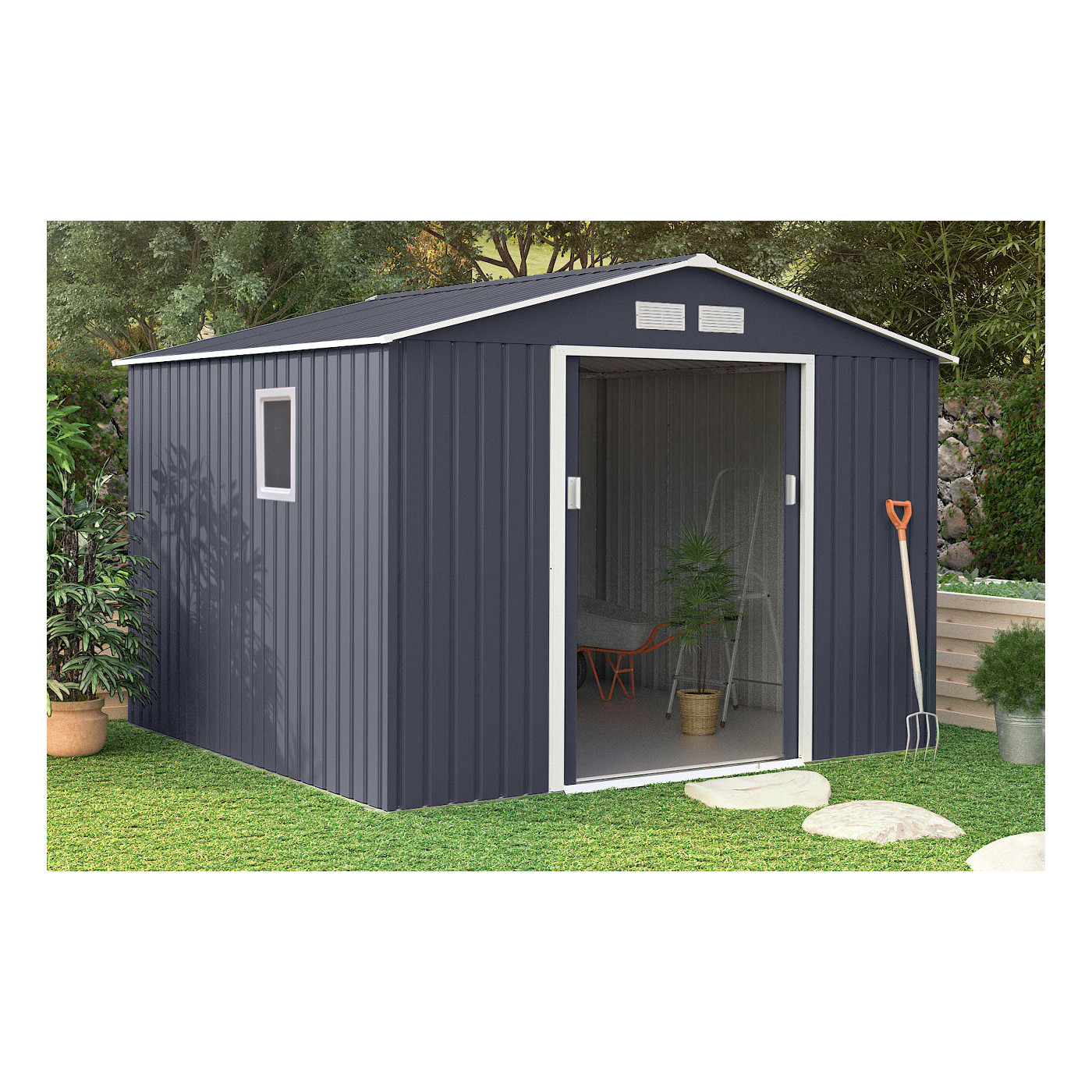 Aranżacja domku na narzędzia Hudson Cold Grey w ogrodzie 