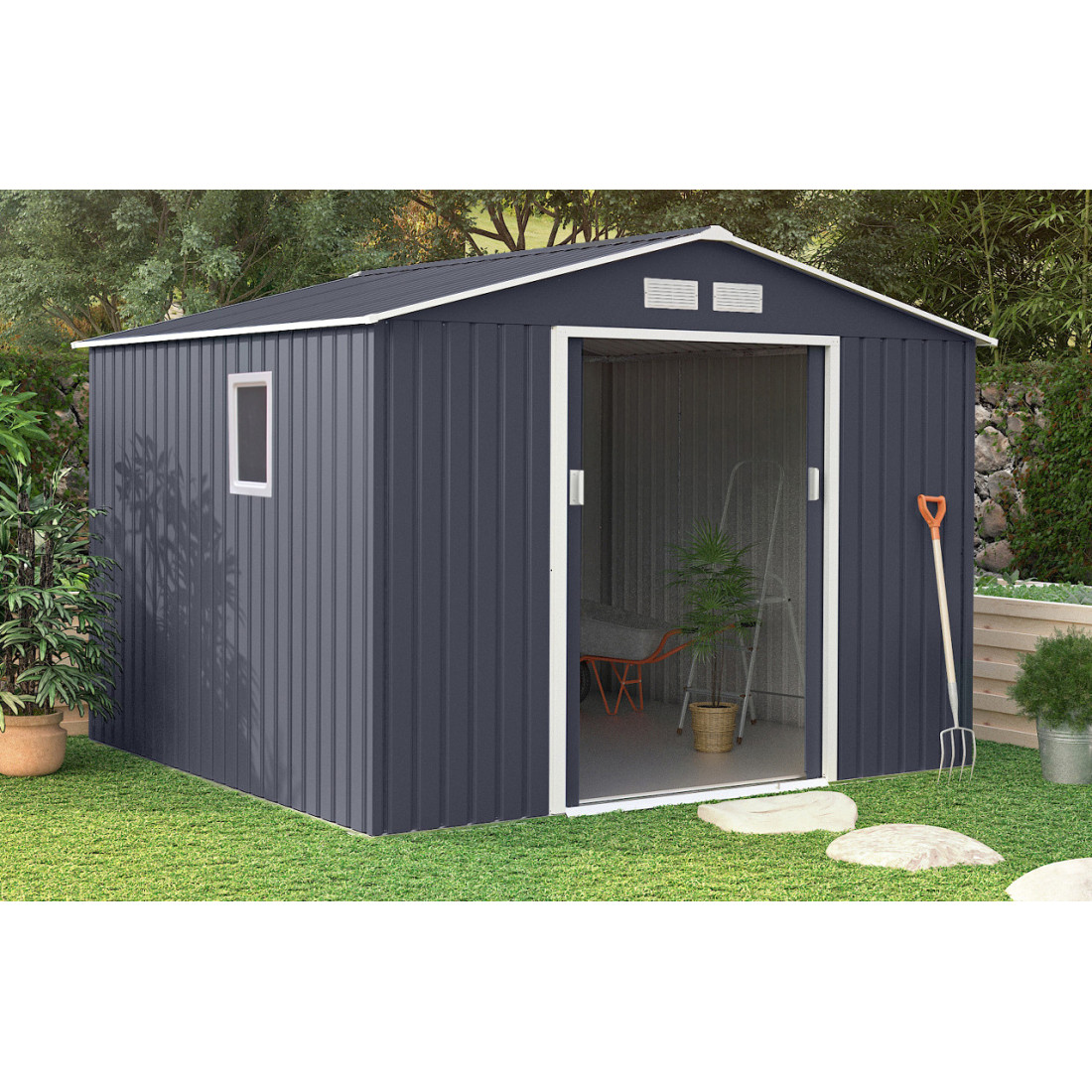 Aranżacja domku na narzędzia Hudson Cold Grey w ogrodzie 