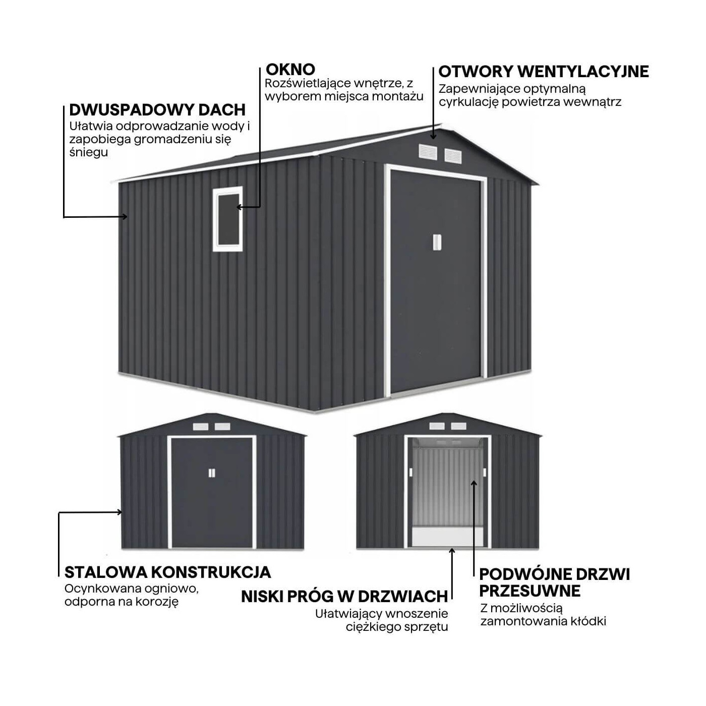 Grafika z detalami i cechami domku narzędziowego HUDSON 277x255