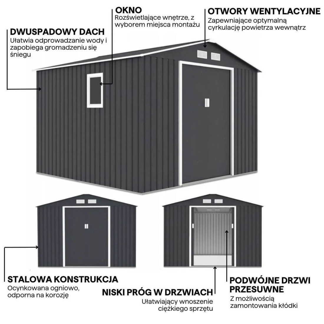 Grafika z detalami i cechami domku narzędziowego HUDSON 277x255