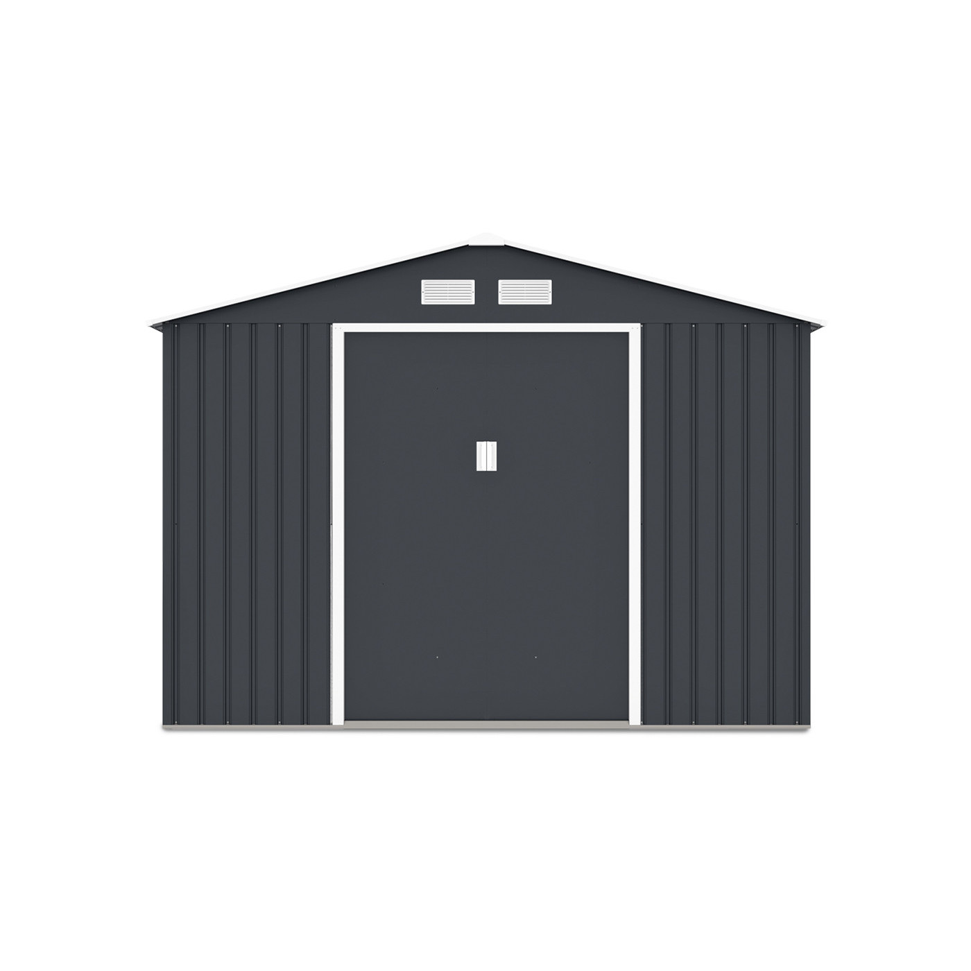 Widok na przednią ścianę domku narzędziowego Hudson, dwa otwory wentylacyjne 