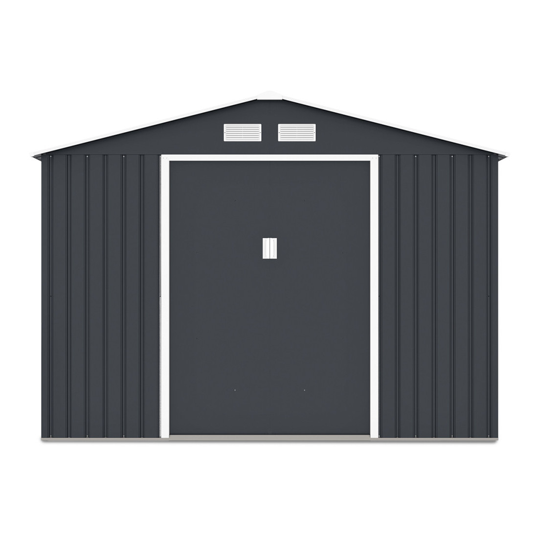 Widok na przednią ścianę domku narzędziowego Hudson, dwa otwory wentylacyjne 