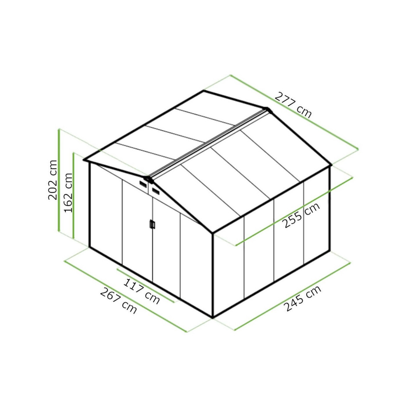 Rycina z wymiarami domku narzędziowego HUDSON 277x255cm