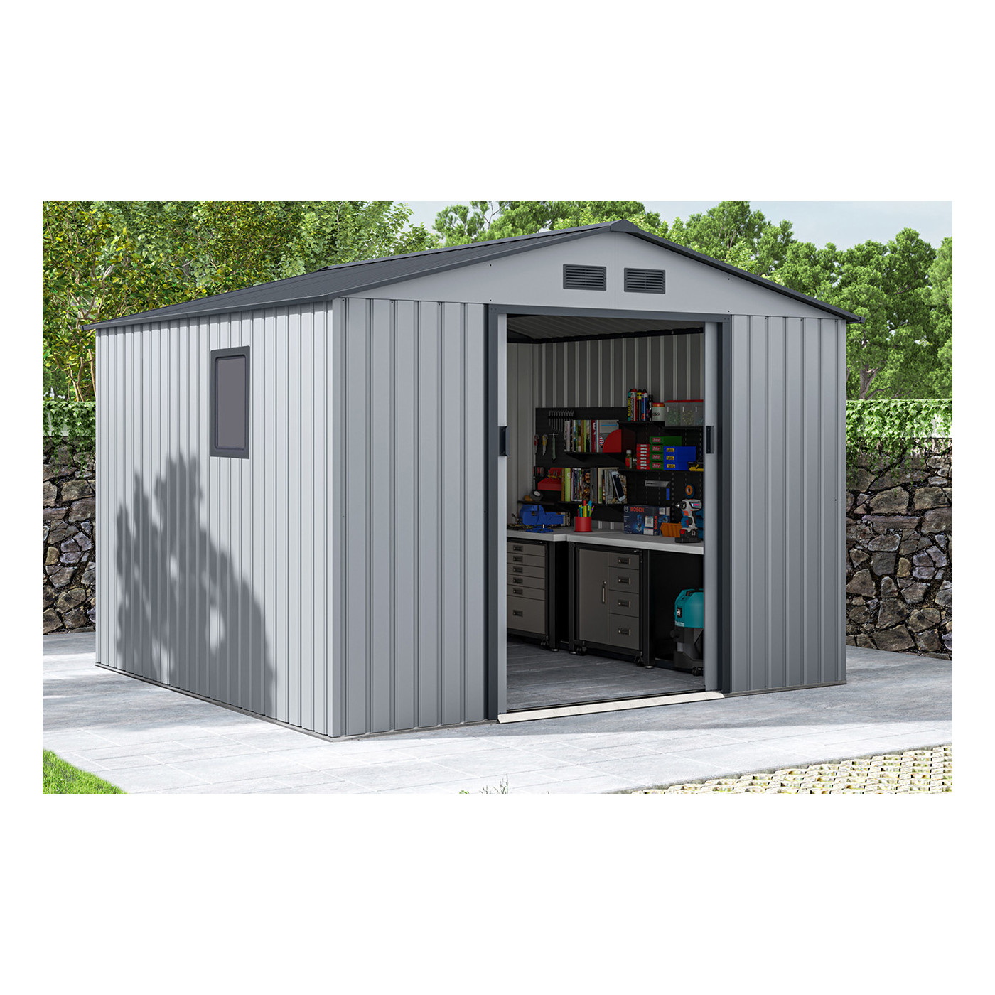 Aranżacja domku narzędziowego HUDSON 277x255cm w ogrodzie 