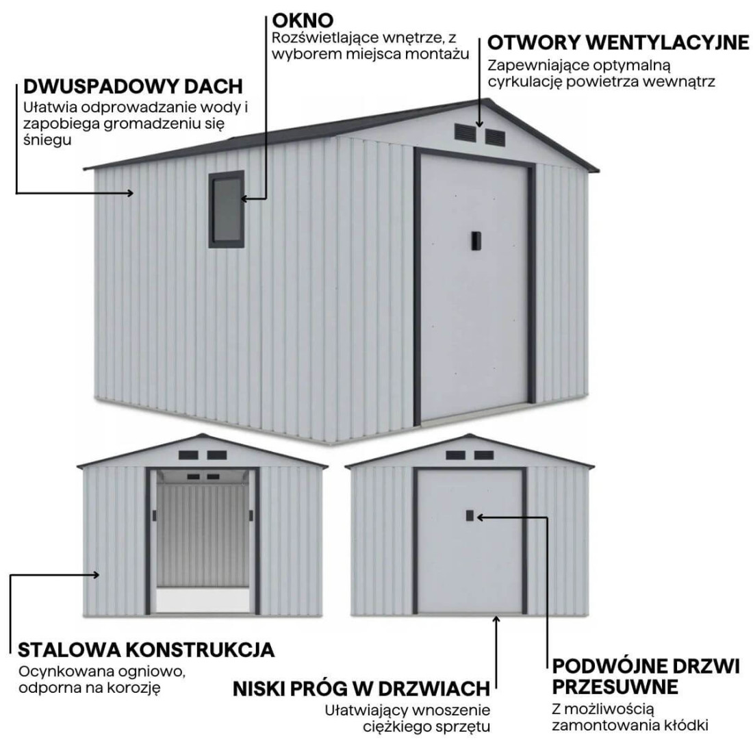 Domek narzędziowy metalowy 277x255 cm, kolor jasnoszary