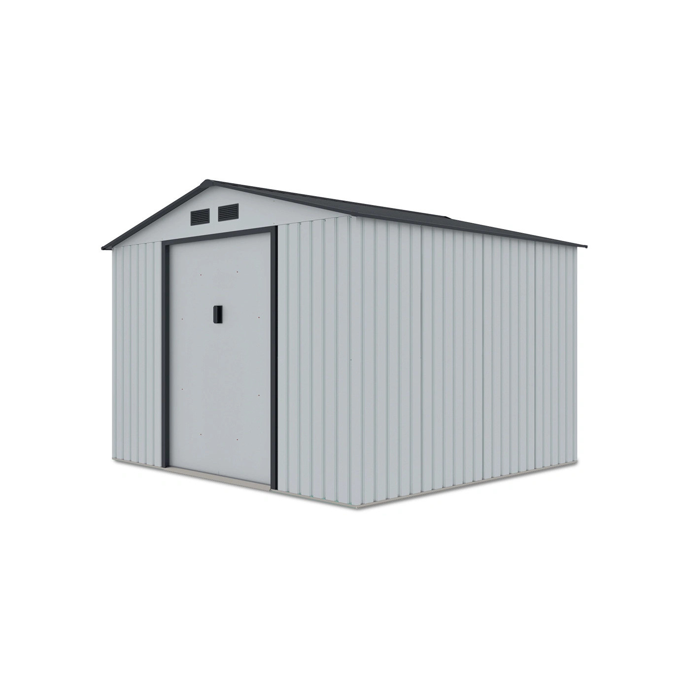 Widok na boczną ścianę domku narzędziowego HUDSON 277x255cm, na białym tle 