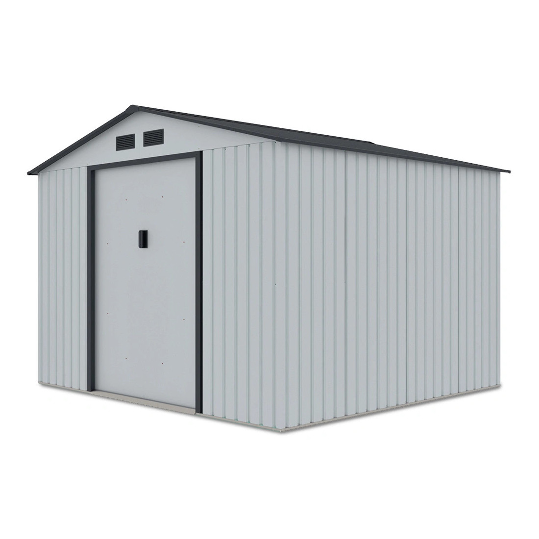 Widok na boczną ścianę domku narzędziowego HUDSON 277x255cm, na białym tle 