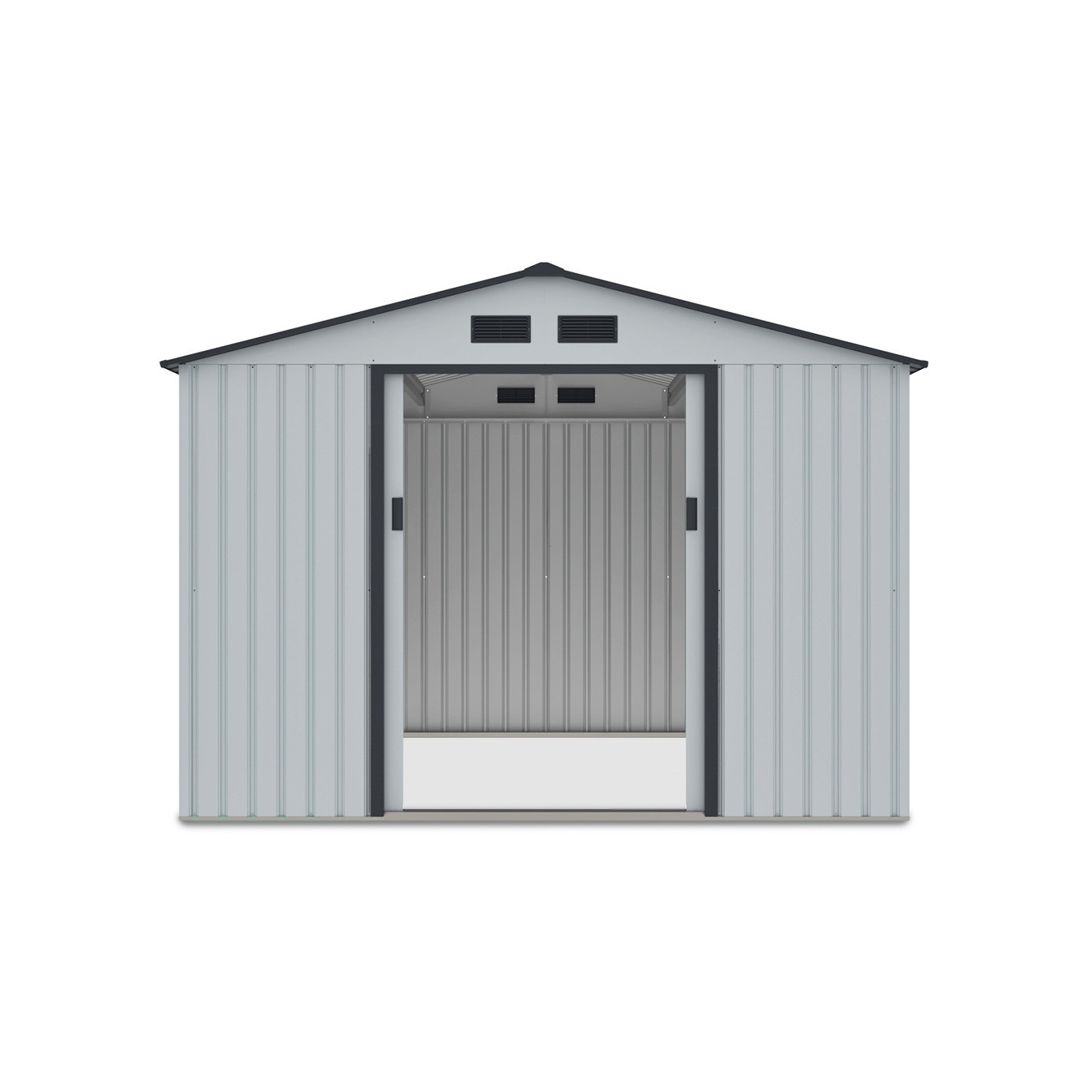 Przednia ściana z otwartymi drzwiami i widok na wnętrze domku narzędziowego HUDSON 277x255cm Light Grey