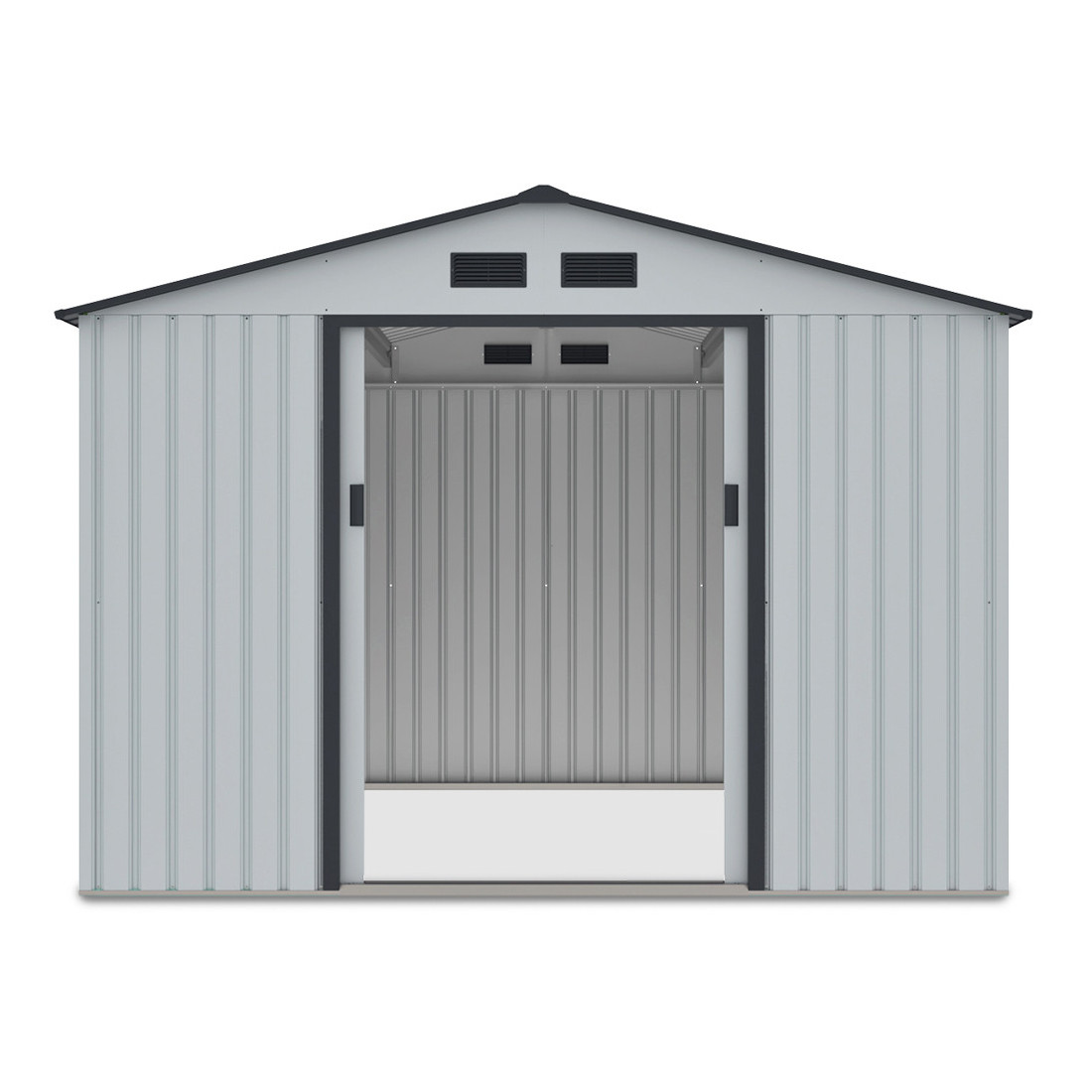 Przednia ściana z otwartymi drzwiami i widok na wnętrze domku narzędziowego HUDSON 277x255cm Light Grey