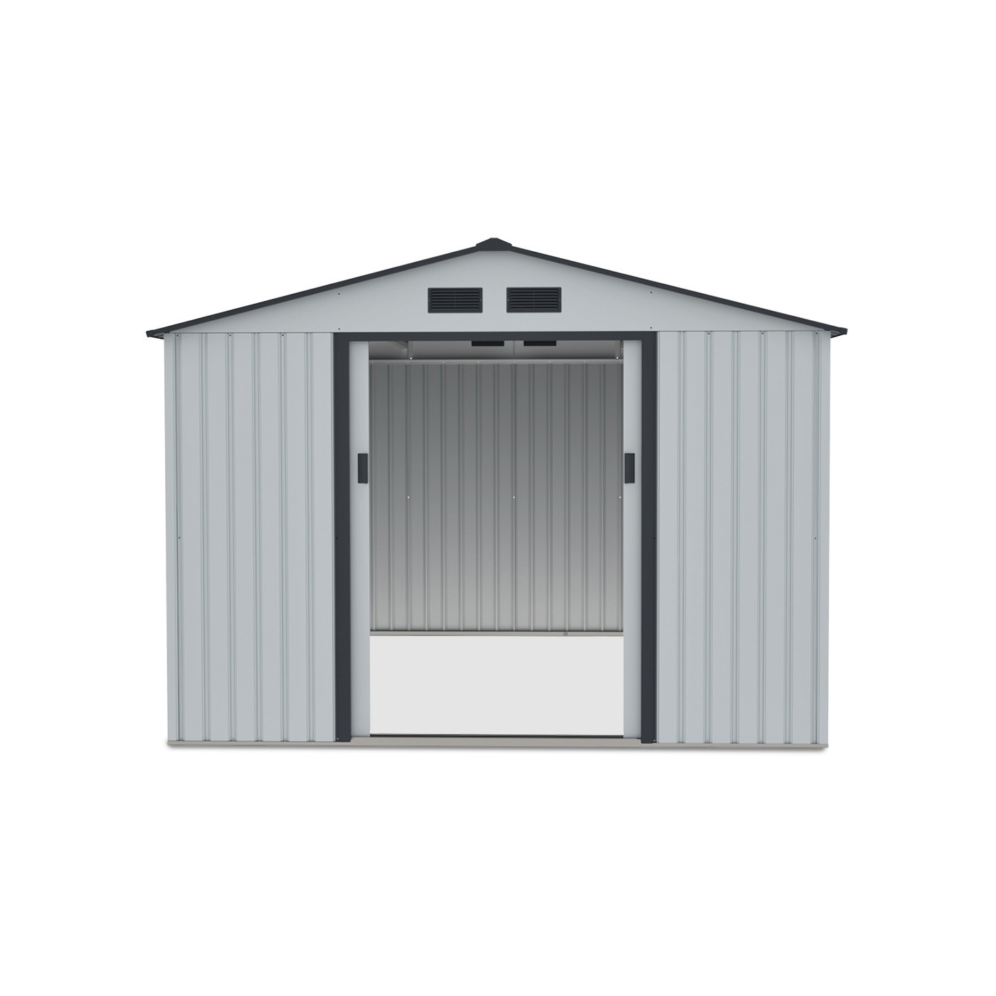 Widok na przód domku ogrodowego Hudson 277x319cm, otwarte drzwi domku, widok na wnętrze