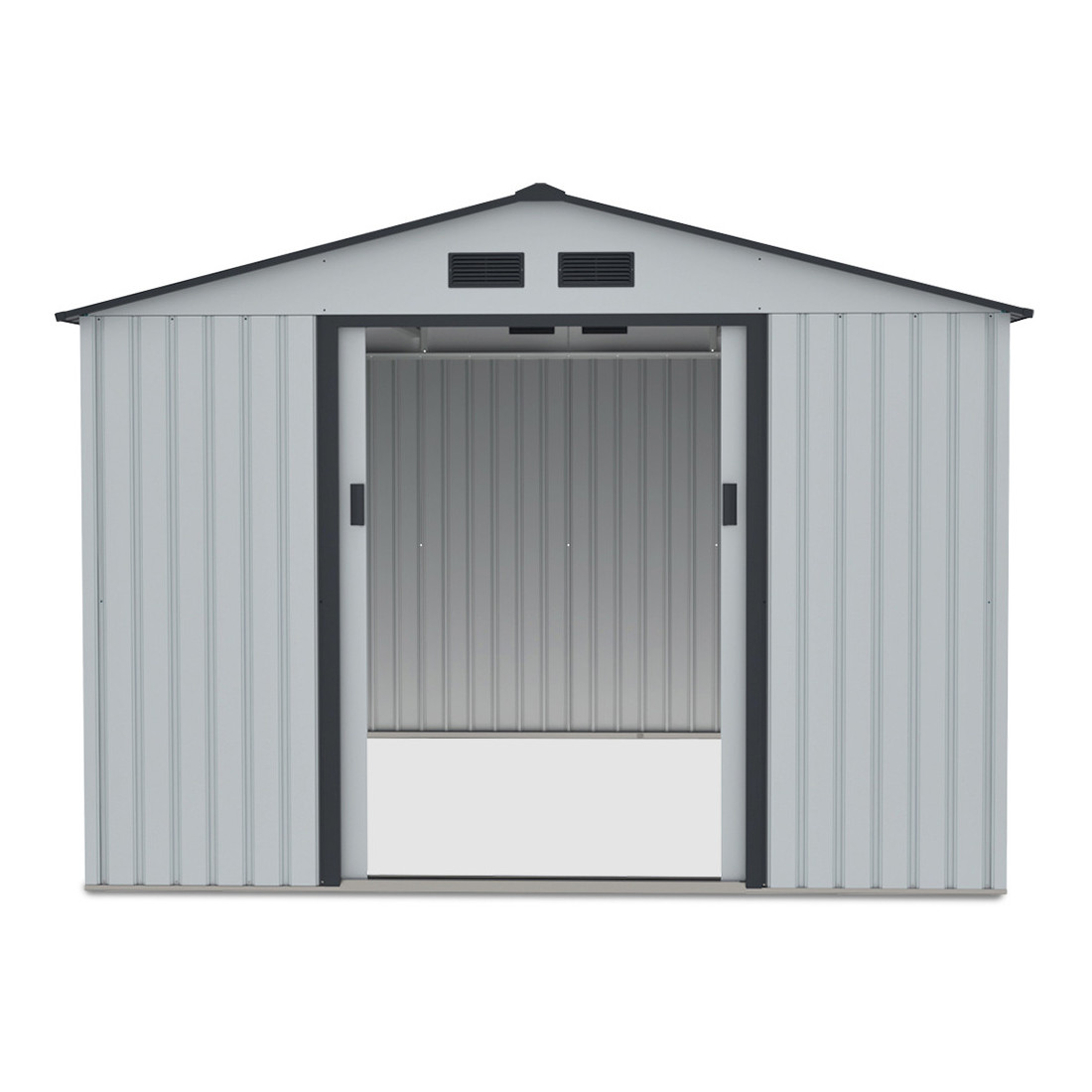 Widok na przód domku ogrodowego Hudson 277x319cm, otwarte drzwi domku, widok na wnętrze