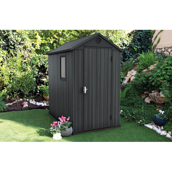 Wizualizacja grafitowego domku narzędziowego DARWIN 4x6 - Keter w ogrodzie