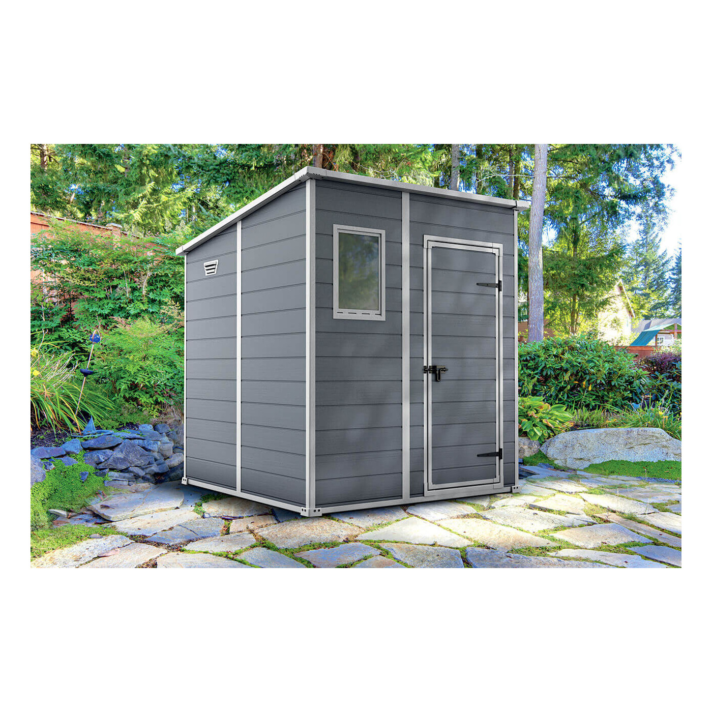 Wizualizacja szarego domku narzędziowego MANOR PENT 6x6 - Keter w ogrodzie