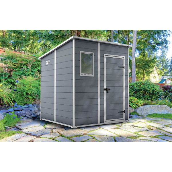 Wizualizacja szarego domku narzędziowego MANOR PENT 6x6 - Keter w ogrodzie