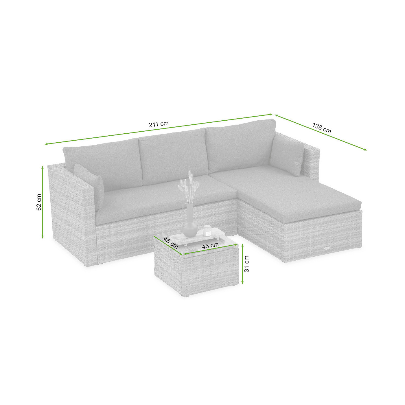 Wymiarowanie Narożnik technorattanowy LIZBONA Grey Focus Garden