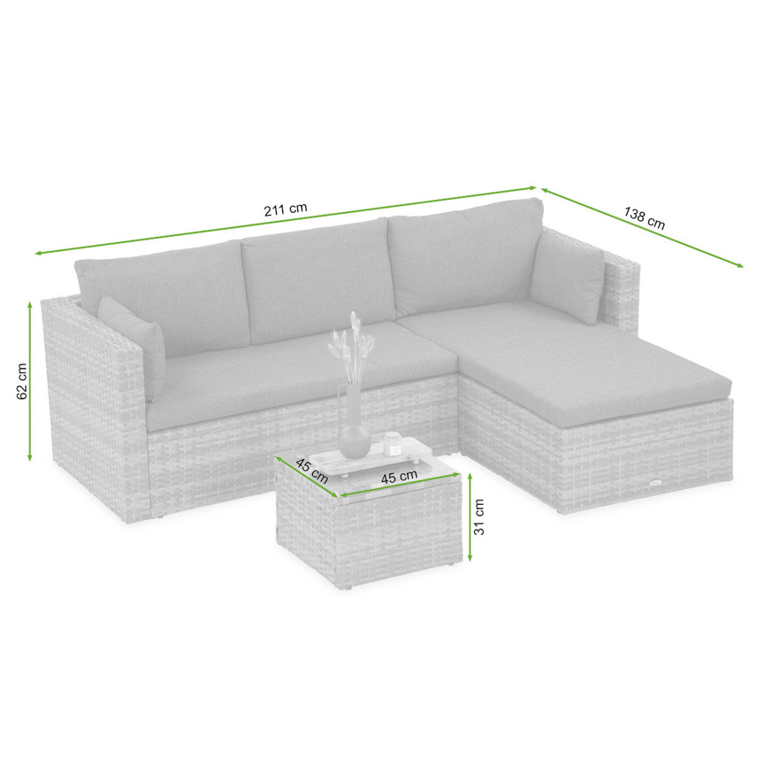 Wymiarowanie Narożnik technorattanowy LIZBONA Grey Focus Garden