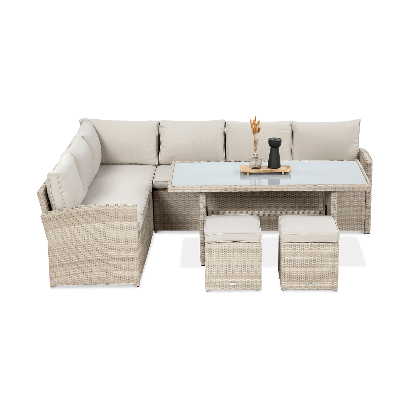 Narożnik, stół, pufy z zestawu wypoczynkowego SALO Beige