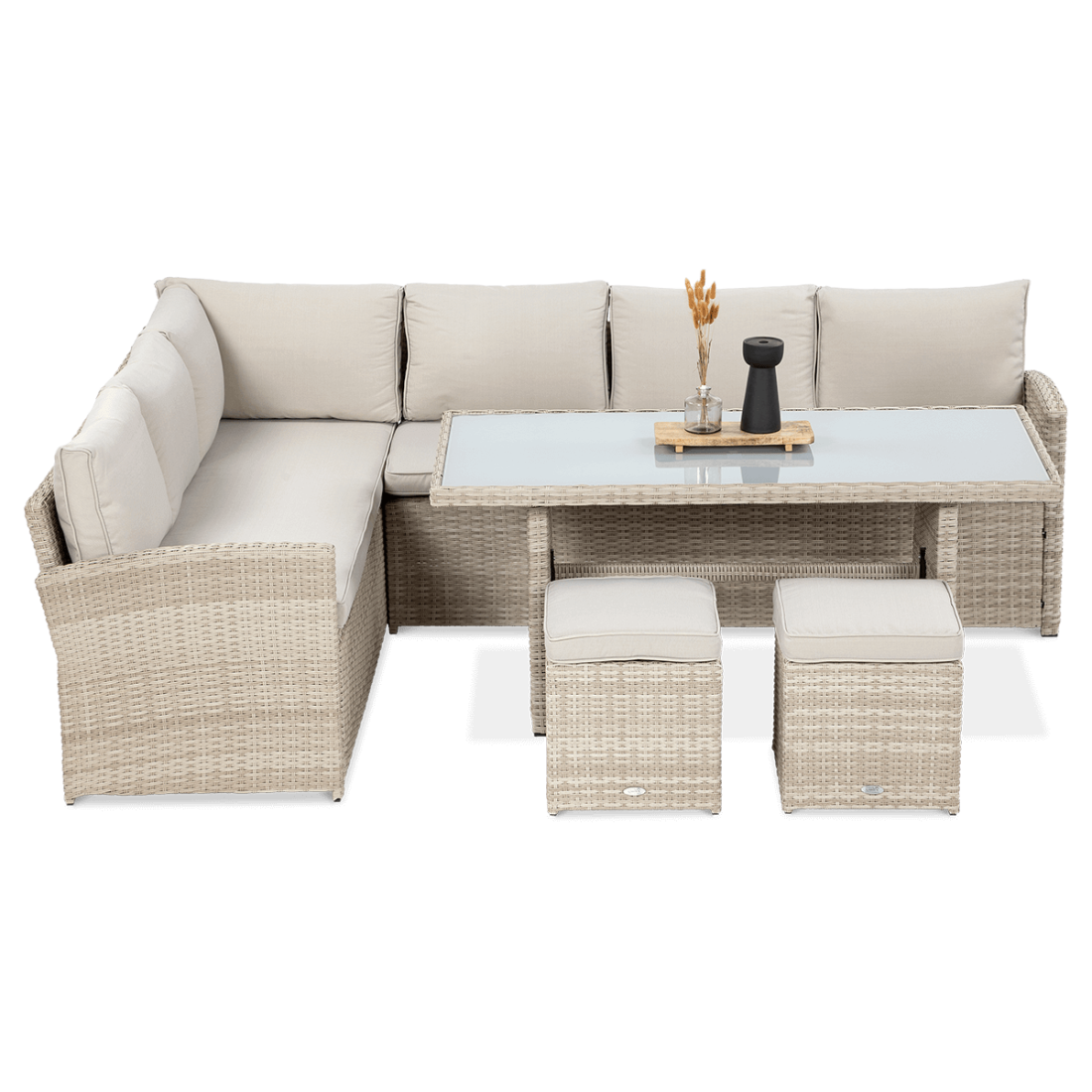 Narożnik, stół, pufy z zestawu wypoczynkowego SALO Beige