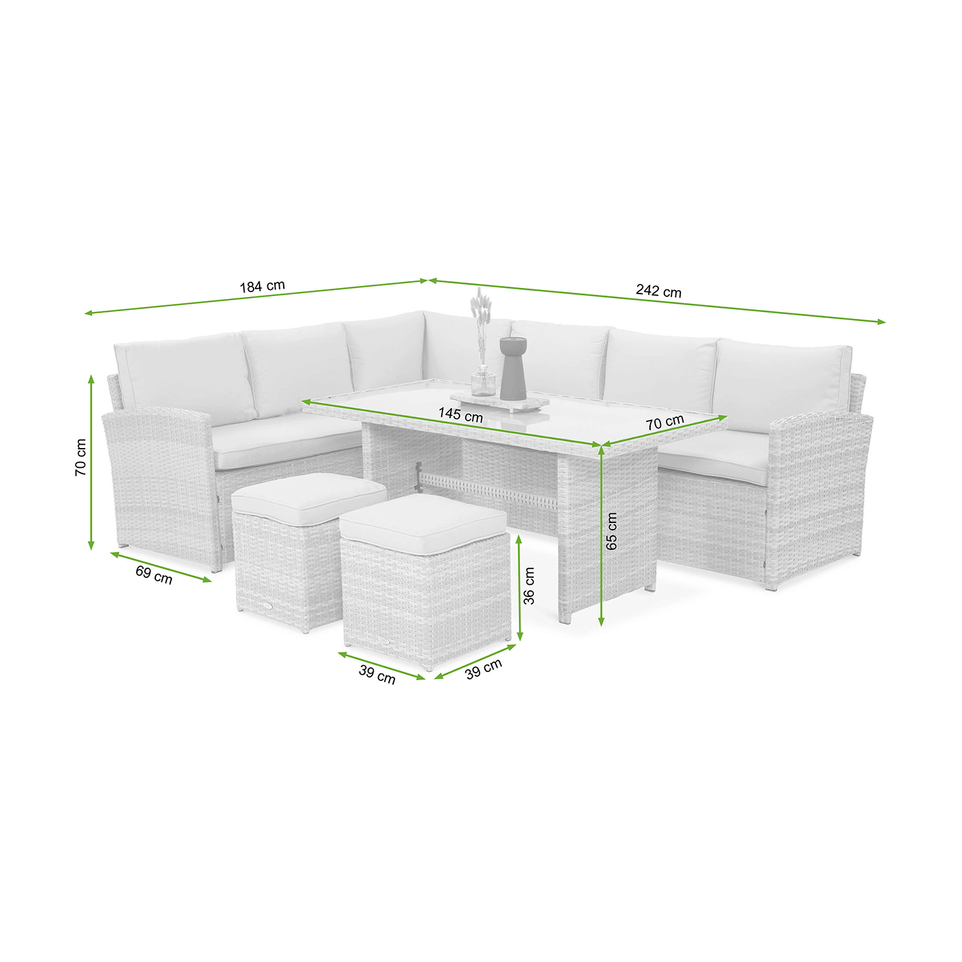 Wymiary narożnika technorattanowego SALO + PUF Beige oraz stolika