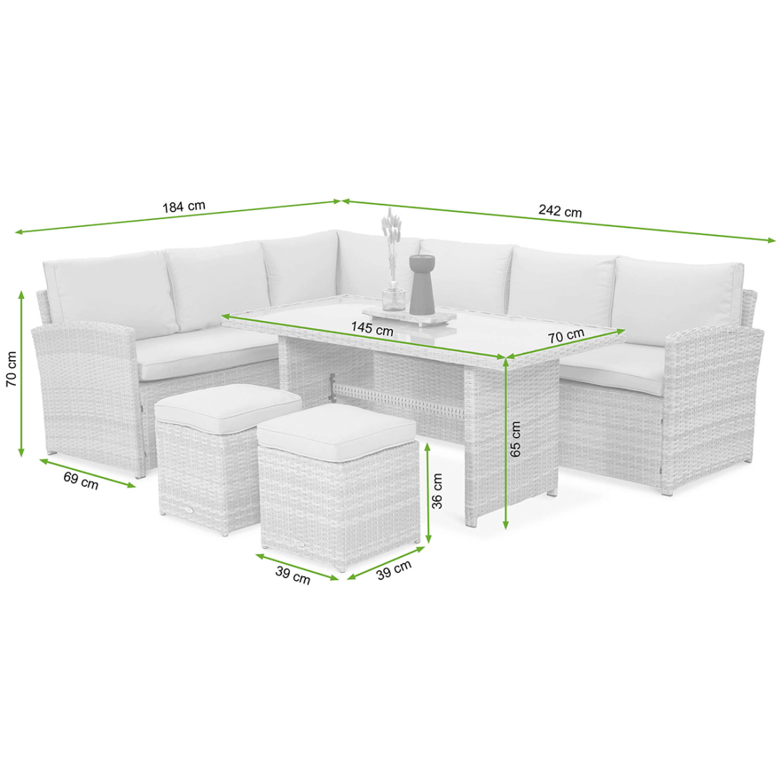 Wymiary narożnika technorattanowego SALO + PUF Beige oraz stolika