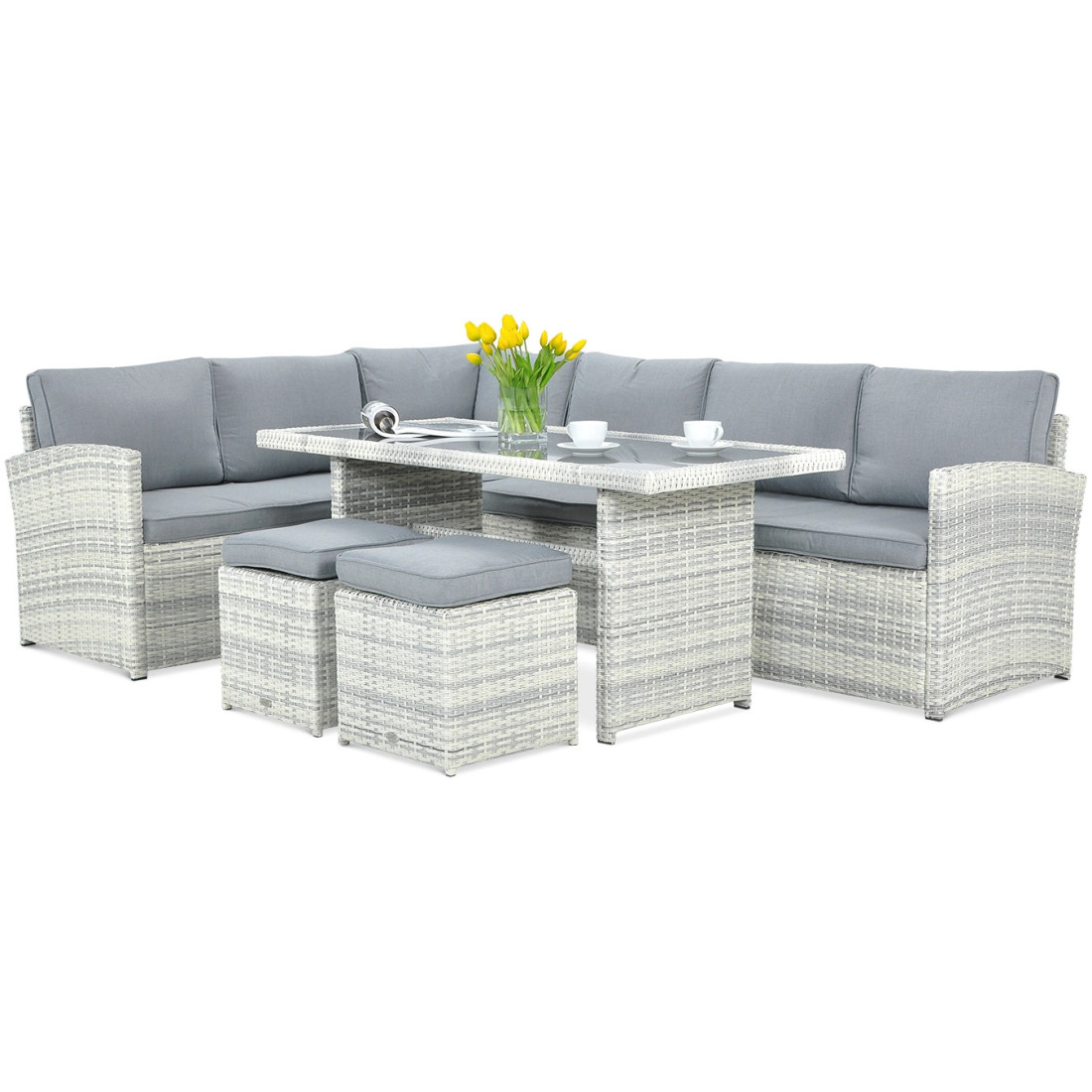 CORNER SOFA + PUFFS WHITE GREY