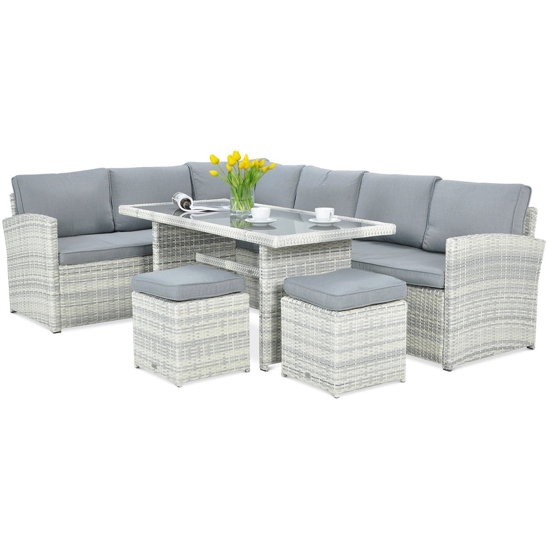 CORNER SOFA + PUFFS WHITE GREY