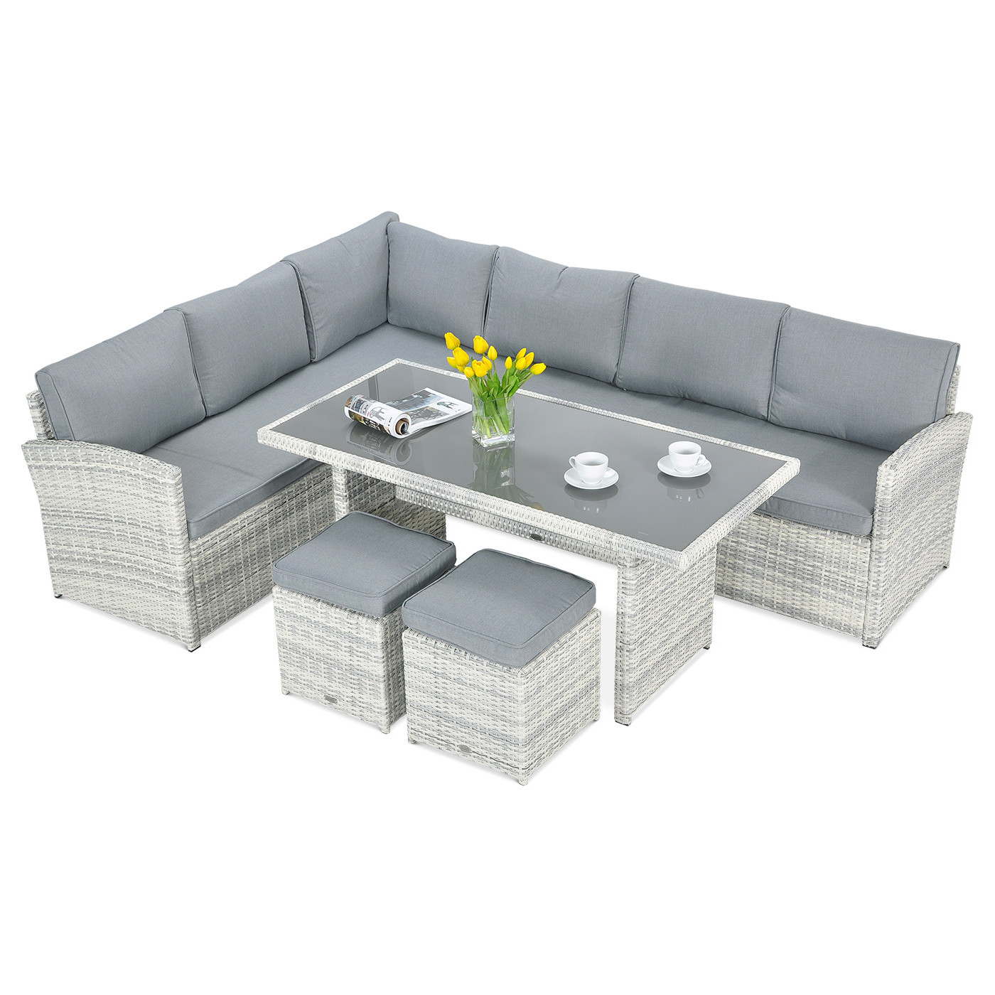 CORNER SOFA + PUFFS WHITE GREY