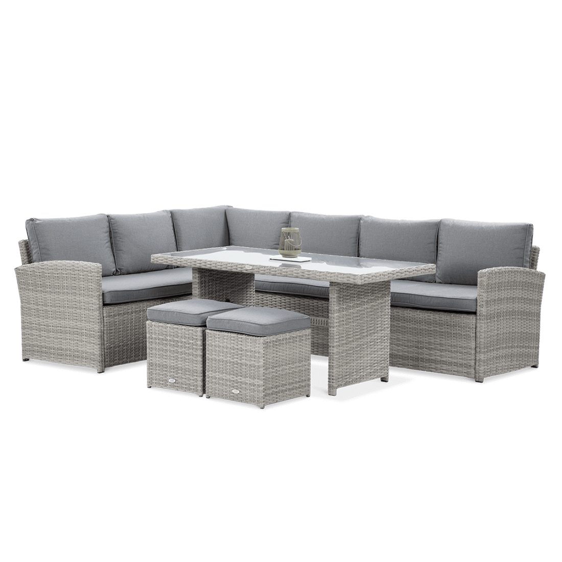 Narożnik, stół, pufy z zestawu wypoczynkowego SALO Stone Grey