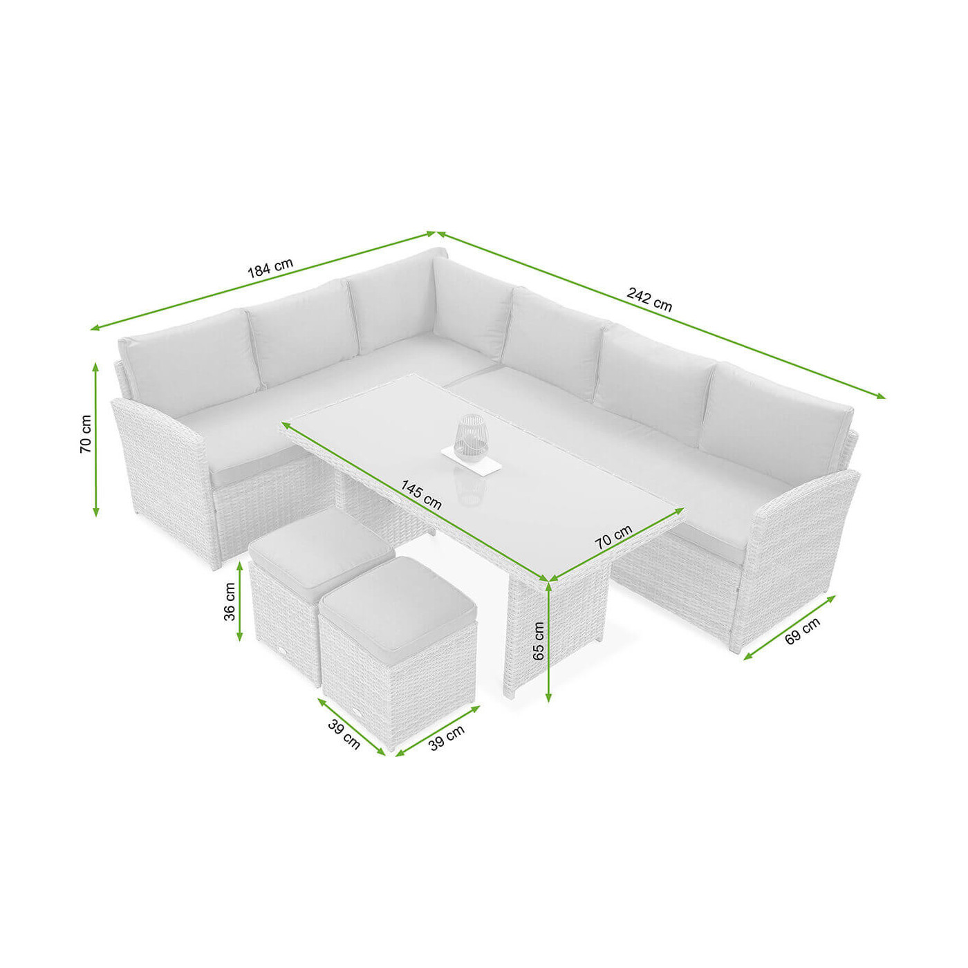 Wymiary zestawu technorattanowego SALO w szarym kolorze