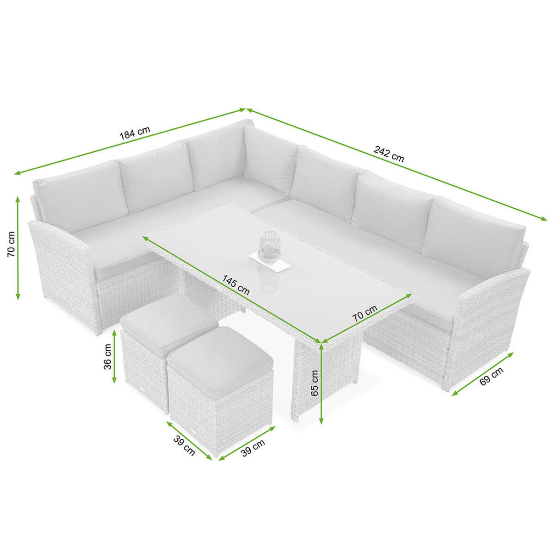 Wymiary zestawu technorattanowego SALO w szarym kolorze