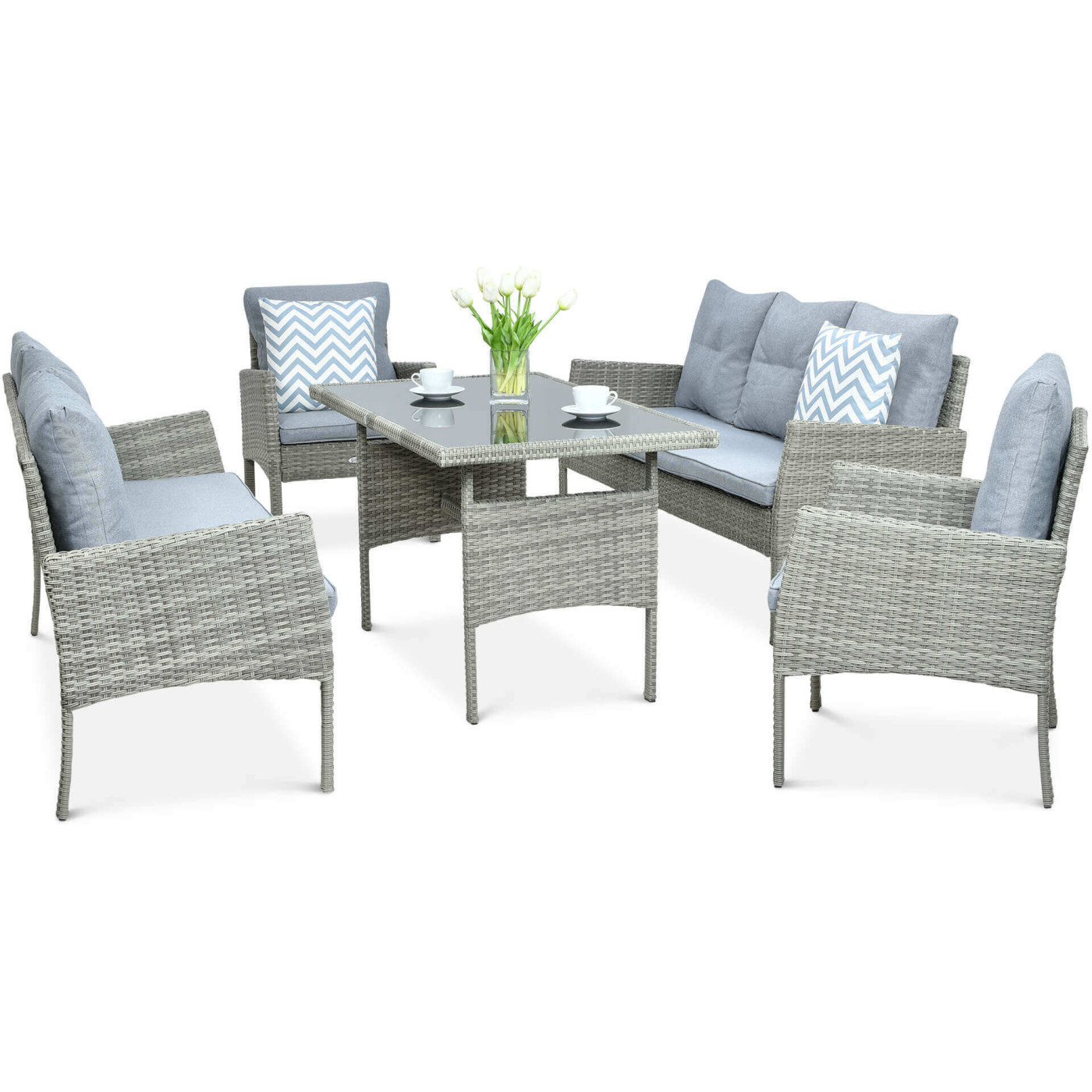 Zestaw składający się z dwóch sof, dwóch foteli oraz stołu