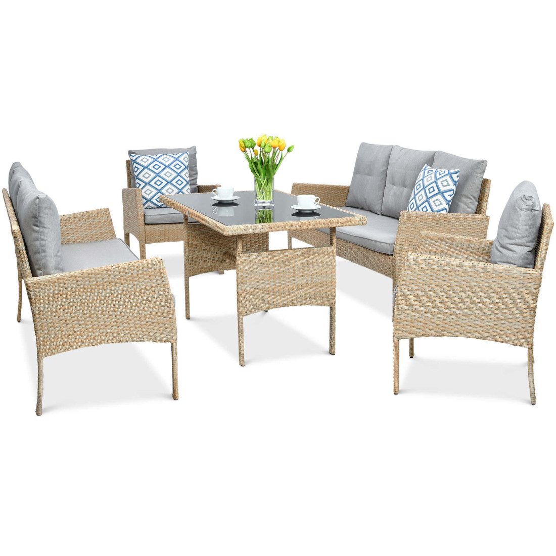 Zestaw składający się z dwóch sof, dwóch foteli oraz stołu