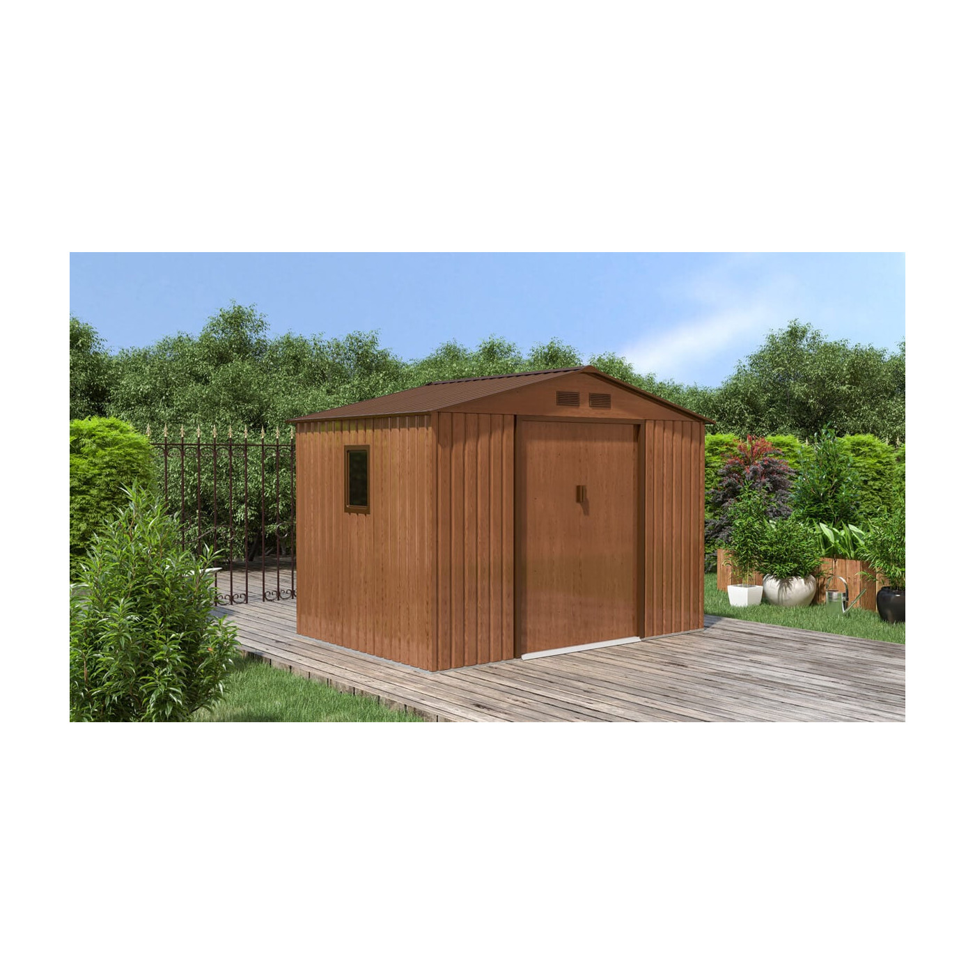 Domek narzędziowy Hudson Walnut - aranżacja w ogrodzie 