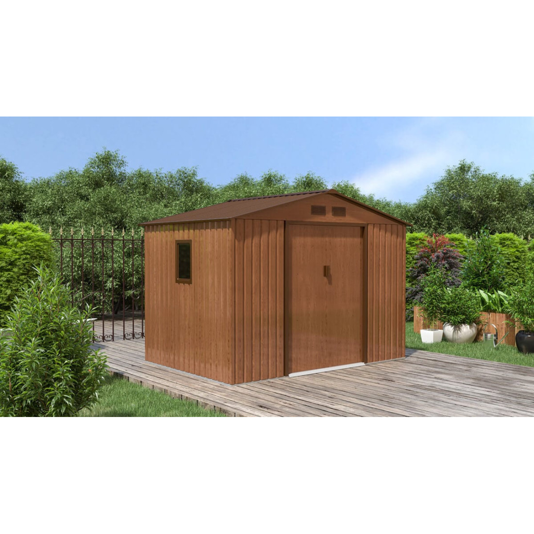 Domek narzędziowy Hudson Walnut - aranżacja w ogrodzie 