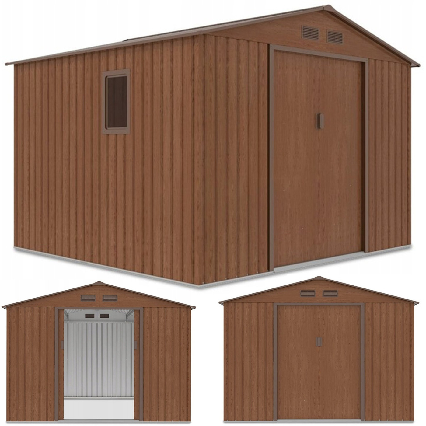 Domek narzędziowy HUDSON 277x255cm Walnut z trzech perspektyw