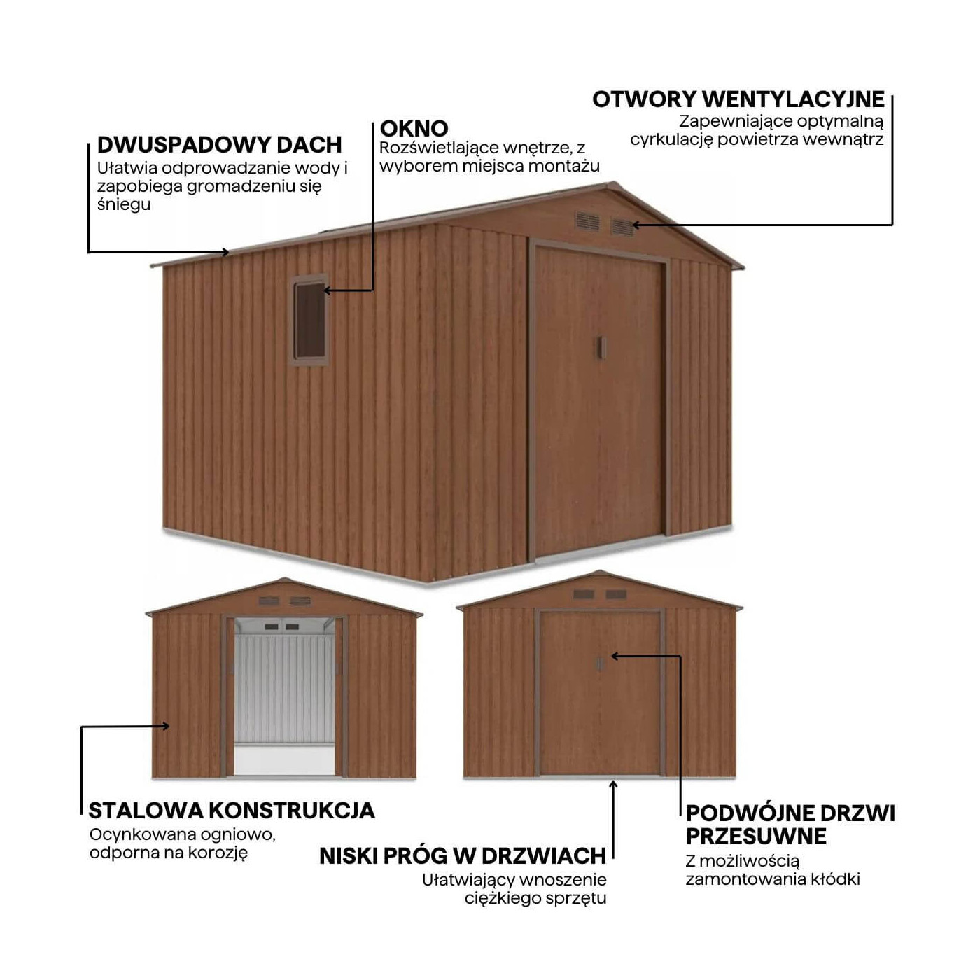 Grafika z detalami i cechami domku narzędziowego HUDSON 277x255