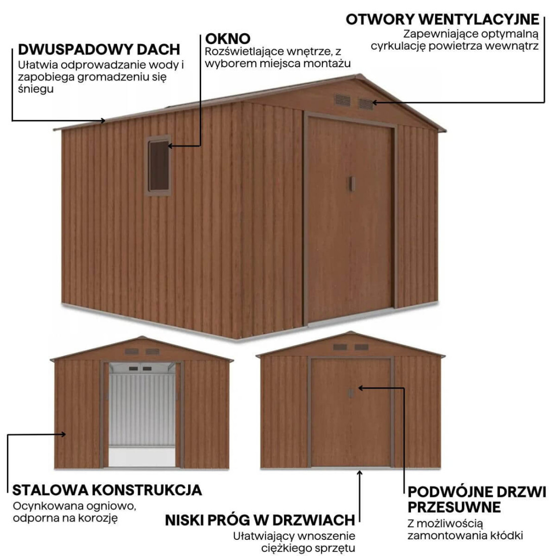 Grafika z detalami i cechami domku narzędziowego HUDSON 277x255