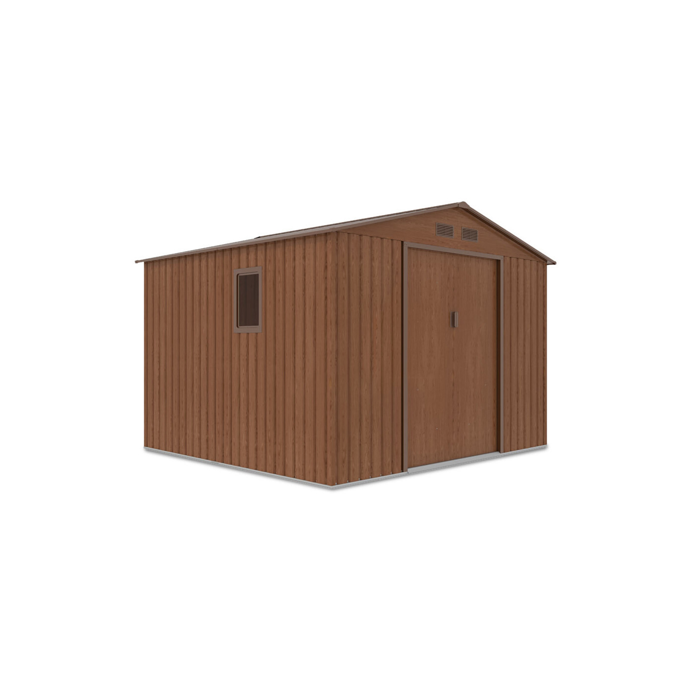 Widok na bok domku narzędziowego HUDSON 277x255cm Walnut, z oknem 