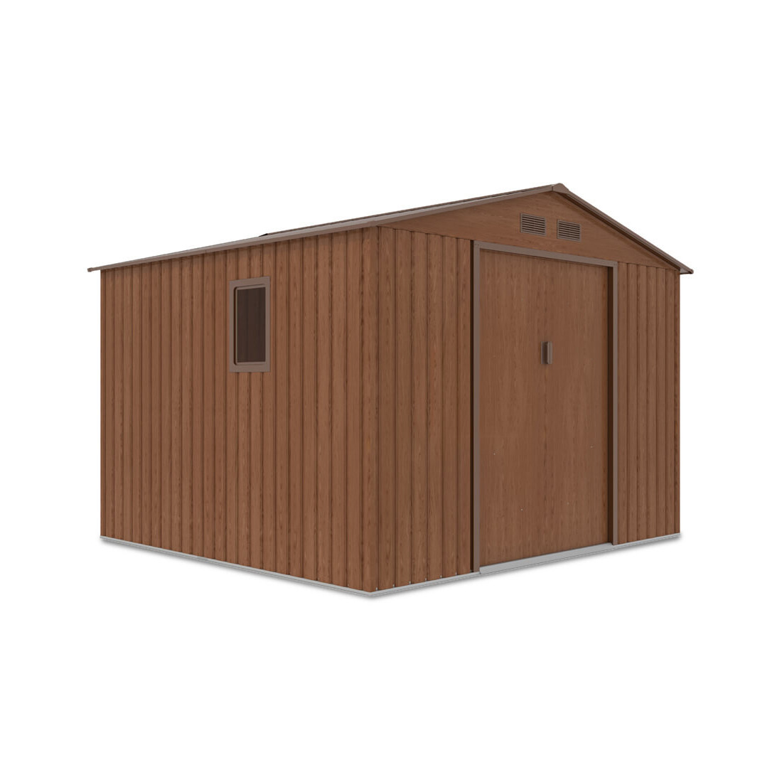 Widok na bok domku narzędziowego HUDSON 277x255cm Walnut, z oknem 