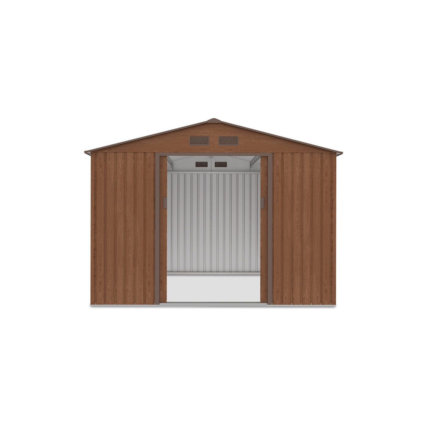 Widok na przód domku narzędziowego HUDSON 277x255cm, otwarte drzwi, widok na wnętrze