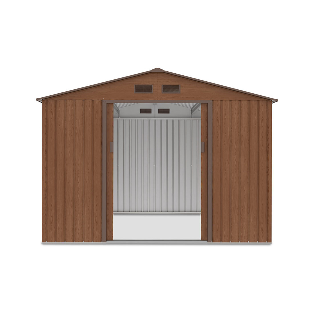 Widok na przód domku narzędziowego HUDSON 277x255cm, otwarte drzwi, widok na wnętrze