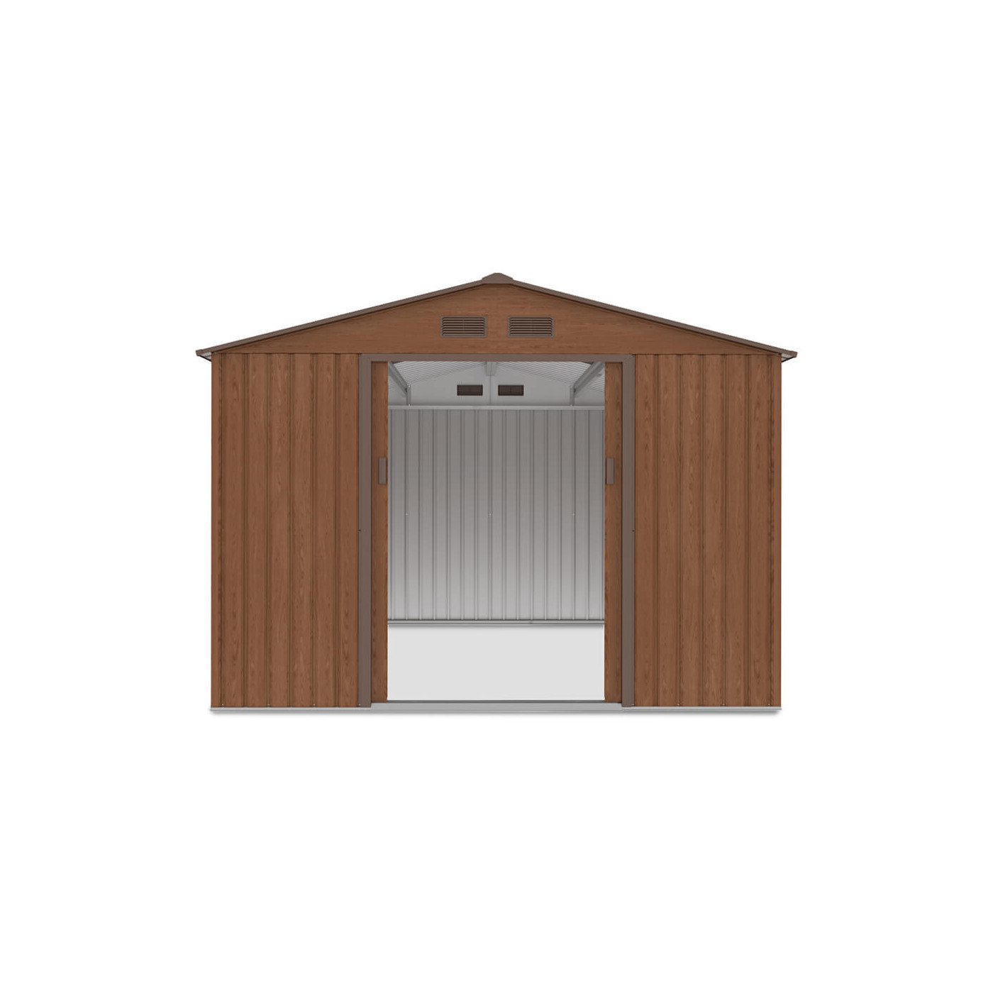 Widok na bok domku narzędziowego HUDSON 277x319cm, otwarte drzwi, widok na wnętrze domku