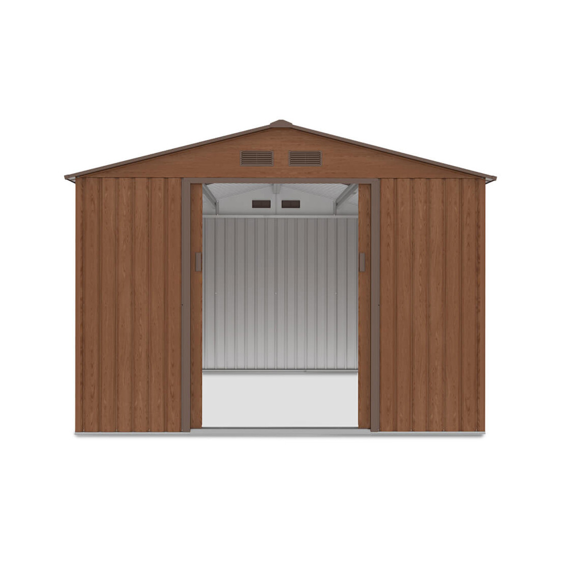 Widok na bok domku narzędziowego HUDSON 277x319cm, otwarte drzwi, widok na wnętrze domku