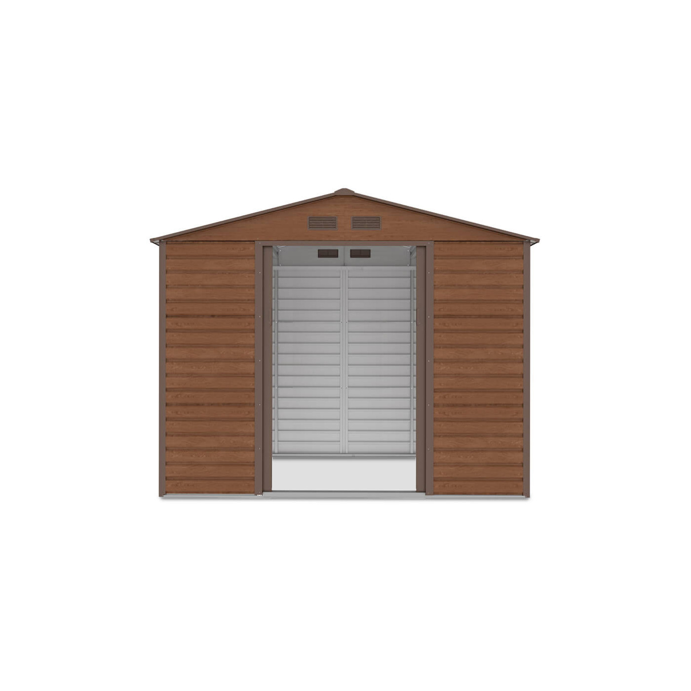 Widok na przód i wnętrze domku narzędziowego Montreal 