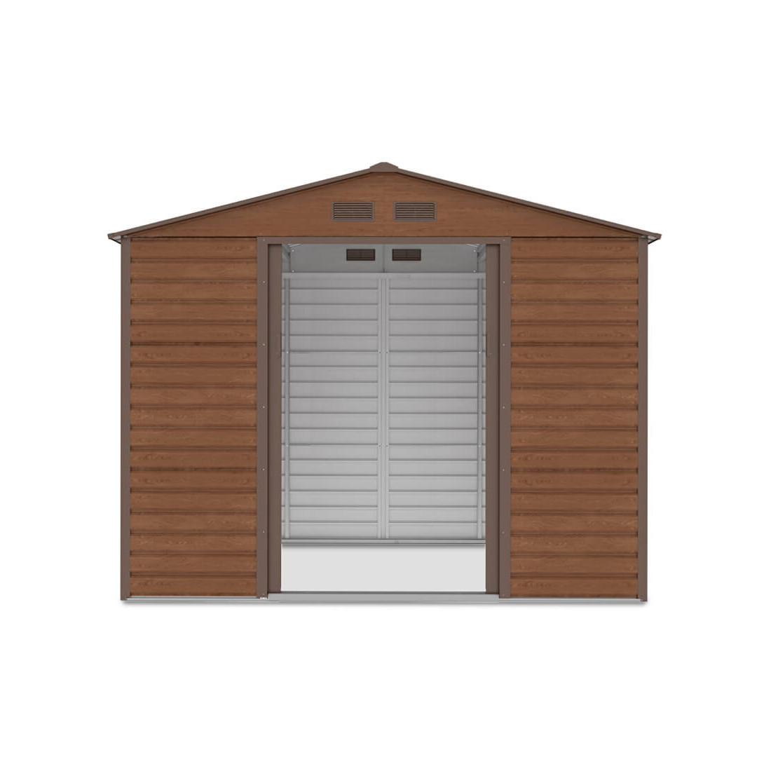 Widok na przód i wnętrze domku narzędziowego Montreal 