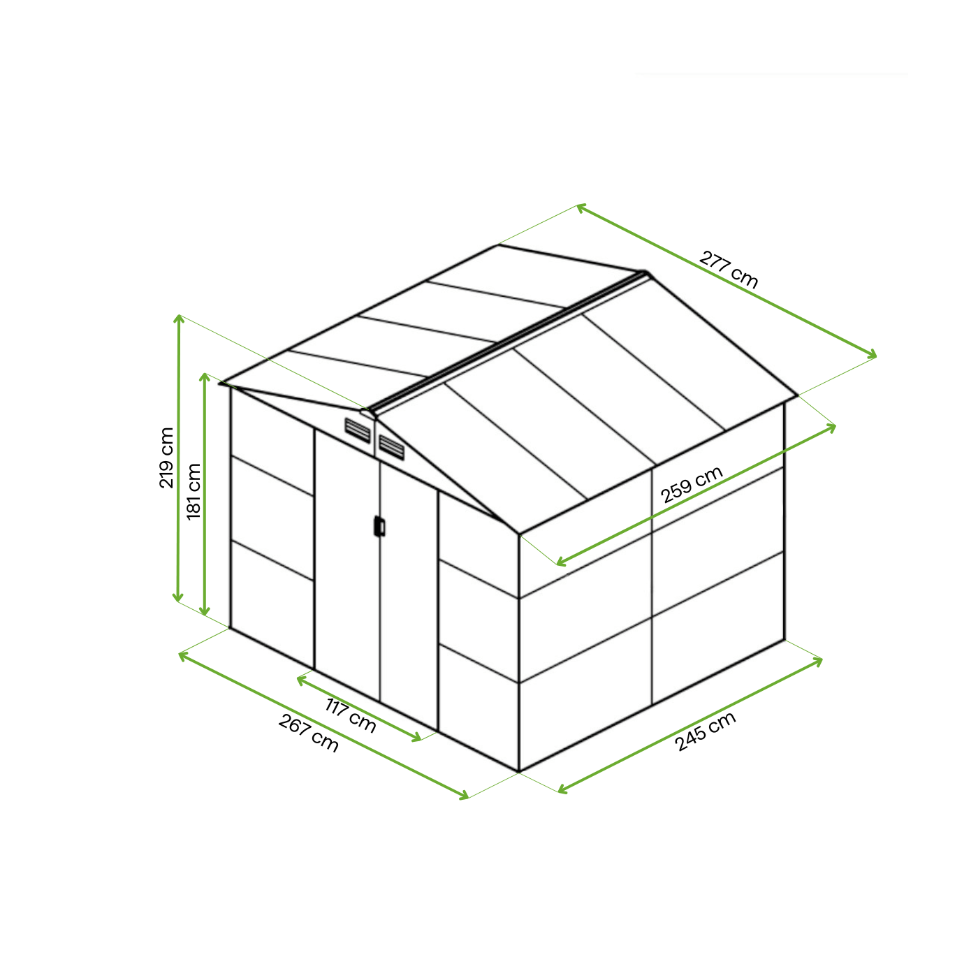 Rycina z wymiarami domku narzędziowego MONTREAL 277x259cm