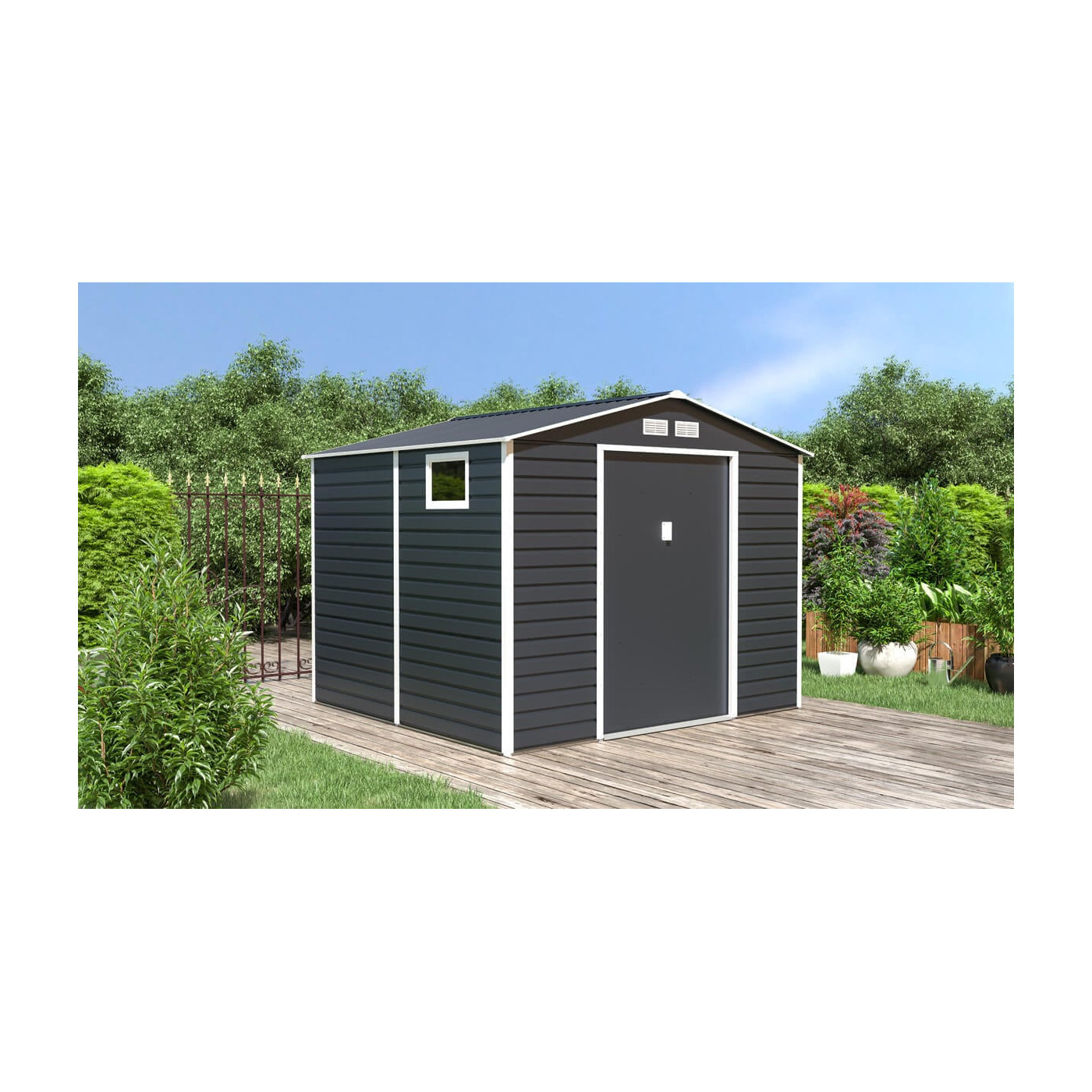 Domek na narzędzia Montreal 277x259 Cold Grey Hardmaister na ogrodzie