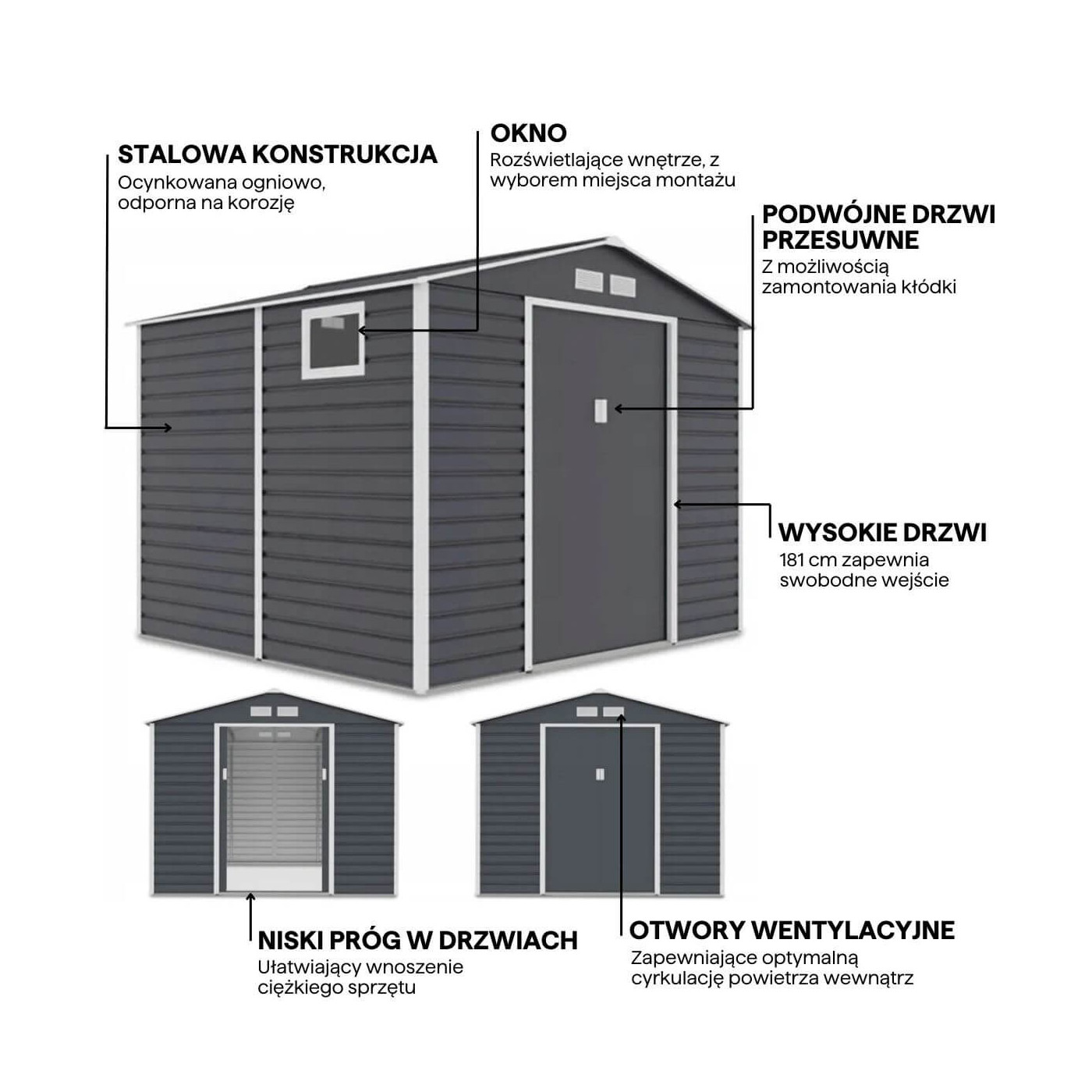 Grafika z detalami i cechami domku narzędziowego MONTREAL 277x259cm
