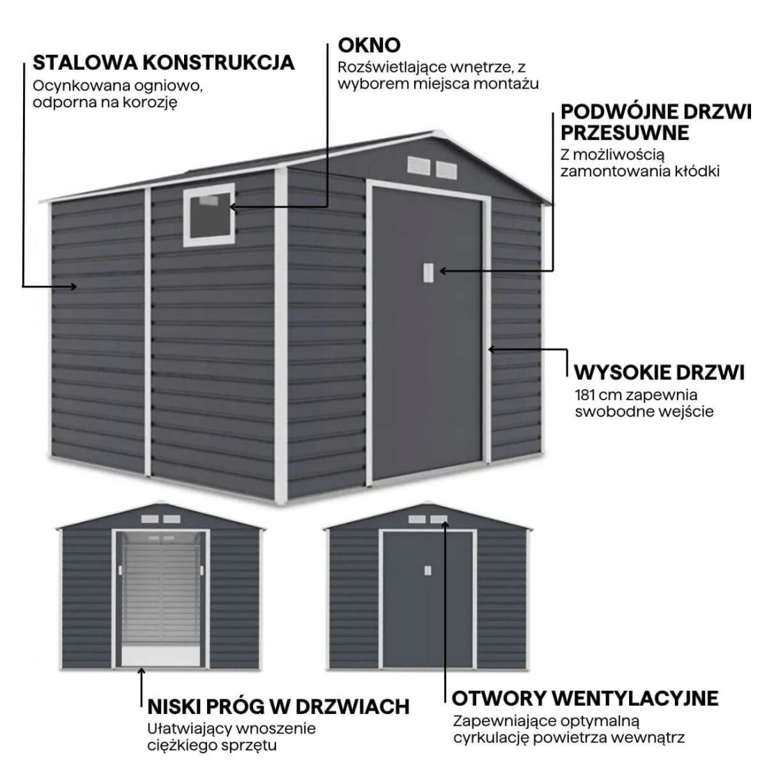 Grafika z detalami i cechami domku narzędziowego MONTREAL 277x259cm