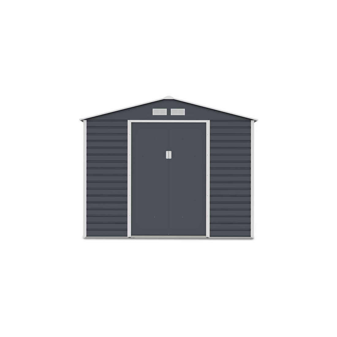 Widok na przednią ścianę i podwójne drzwi domku narzędziowego MONTREAL 277x259cm